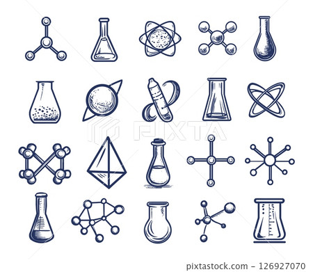 Science line logo. Scientific research sketch outline icons, chemistry laboratory analysis dna molecule atom symbols biology lab tube flask bottle physics set vector illustration 126927070