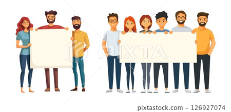 People holding blank banner. Cartoon man woman hold placard, teen young characters sign board empty poster group protest demonstration activist paper billboard vector illustration 126927074