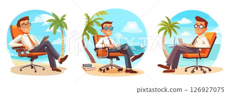 Office worker dreams of vacation. Employee happy man rest on work and think about summer travel holiday weekend, freelancer sea island palms cartoon landscape vector illustration 126927075