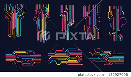 Electrical paths. Circuit board isolated multicolor lines, semiconductor microchip cpu chip digital tech technology ai concept abstract electric path motherboard vector illustration 126927096