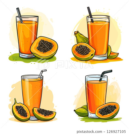 Cartoon papaya juice. Papayas fruit fresh juices in glass, pawpaw orange cocktail tropical exotic delicious fruits set drink with straw vector illustration 126927105