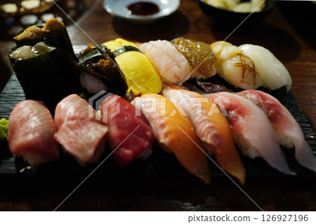 Assorted Sushi Platter with Nigiri and Rolls 126927196