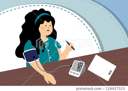 Woman checking blood pressure with notes on a table. 126927323