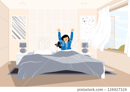 Woman yawning in bed on a cozy morning. 126927326