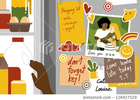 Close-up of a hand opening a refrigerator with notes and stickers. 126927329