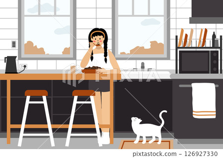 Woman having breakfast with her cat in the kitchen. 126927330