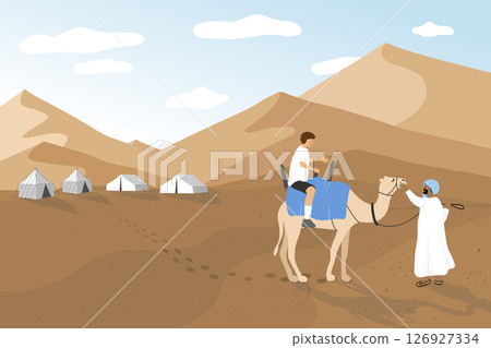 Man riding a camel in the desert with tents in the background. Man riding a camel in the desert with tents in the background. 126927334