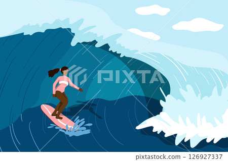 Woman surfing on a big wave in the ocean. 126927337