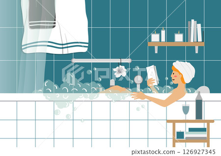 Woman reading a book in a bubble bath with wine. Woman reading a book in a bubble bath with wine. 126927345