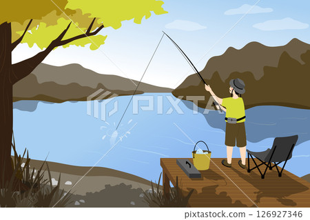 Man fishing from a wooden bridge over a calm river. 126927346