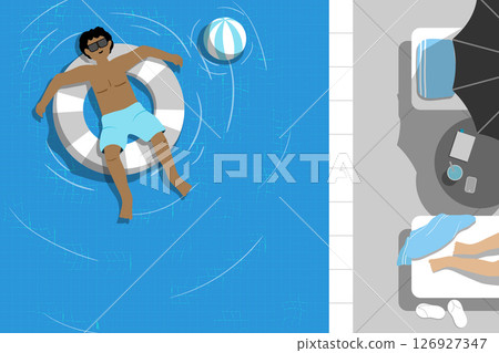 Top view of man floating in a pool with a ring in summer. Top view of man floating in a pool with a ring in summer. 126927347