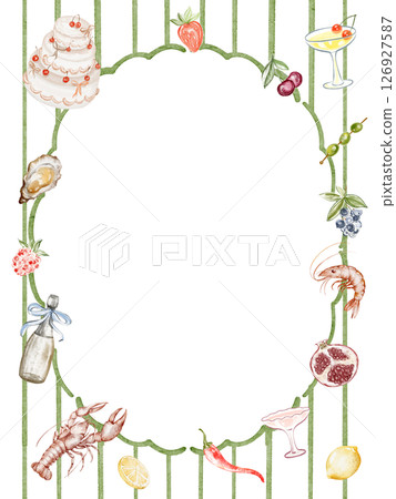 Striped template includes seafood illustrations like lobster, shrimp, crab, and shellfish. Border, pattern, and hand drawn watercolor elements. Suitable for menus, invitations, and party backdrops. Striped template includes seafood illustrations like lobster, shrimp, crab, and shellfish. Border, pattern, and hand drawn watercolor elements. Suitable for menus, invitations, and party backdrops. 126927587