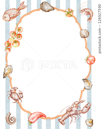 Seafood border with lobster, shrimp, crab, oyster, and fish. Kitchen frame design with lemon, pepper, and traditional Italian food. Hand-drawn watercolor border for menu or invitation. 126927590