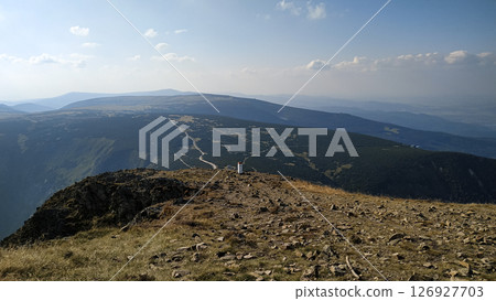 Panoramic view of snezka mountain from czech republic side in august 126927703