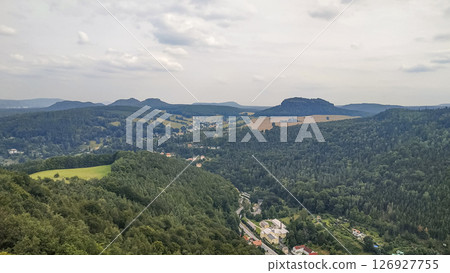 Panoramic view of saxon switzerland national park from konigstein fortress, germany Panoramic view of saxon switzerland national park from konigstein fortress, germany 126927755