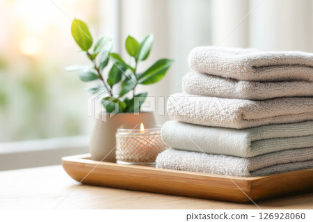 Soft, neatly stacked towels on a wooden tray beside a lit candle and a small green plant, creating a serene and calming atmosphere 126928060
