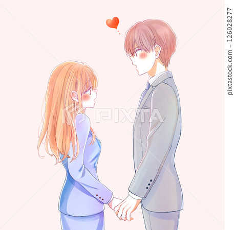 Male and female business people facing each other, love, holding hands Male and female business people facing each other, love, holding hands 126928277