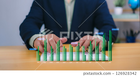 Businessman analyzing company growth using a laptop and tablet, with current and future business growth graphs, development strategies, and financial information for long-term investment planning. Businessman analyzing company growth using a laptop and tablet, with current and future business growth graphs, development strategies, and financial information for long-term investment planning. 126928342