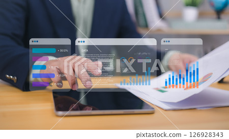 Marketing analysis concept with tablet and dashboard interface for data-driven decision-making, performance analysis, strategic management reporting, perfect for business presentations and operations. Marketing analysis concept with tablet and dashboard interface for data-driven decision-making, performance analysis, strategic management reporting, perfect for business presentations and operations. 126928343