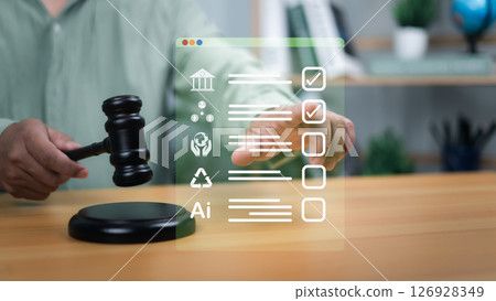Environmental law and carbon credit regulation concept with green globe, gavel, and eco-friendly icons, representing sustainability, environmental protection, legal frameworks for green initiatives. 126928349