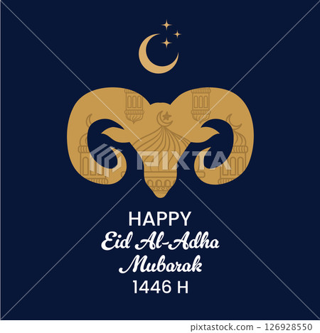 Happy Eid Al-Adha Mubarak Greeting with Ram Head and Mosque Background 126928550
