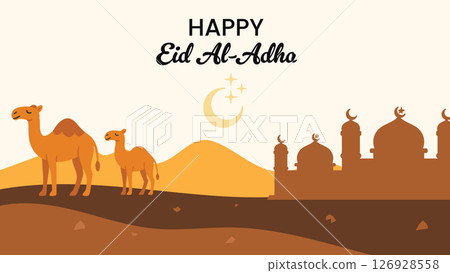 Eid Al-Adha Camel in Desert with Mosque Silhouette Illustration Eid Al-Adha Camel in Desert with Mosque Silhouette Illustration 126928558