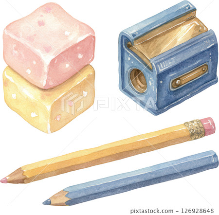 Two pastel colored marshmallows with blue pencil sharpener and two colored pencils in soft watercolor style, evoking calm creativity 126928648