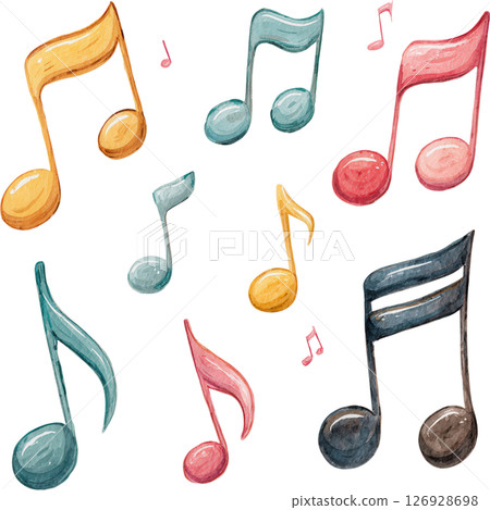 Colorful music notes clipart with playful watercolor style, perfect for music class or creative projects with joyful and artistic expression Colorful music notes clipart with playful watercolor style, perfect for music class or creative projects with joyful and artistic expression 126928698
