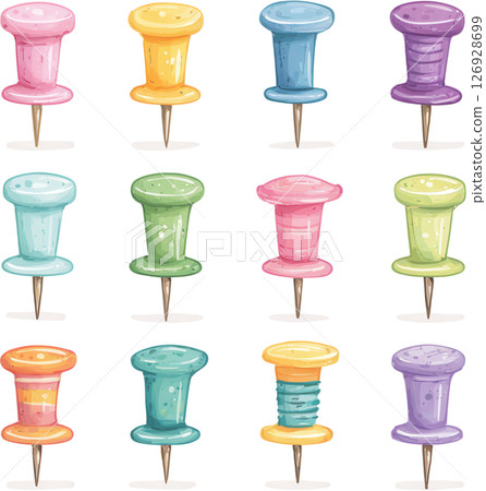 Colorful push pins in various pastel shades arranged in grid, perfect for school boards or office use with cheerful and bright design Colorful push pins in various pastel shades arranged in grid, perfect for school boards or office use with cheerful and bright design 126928699