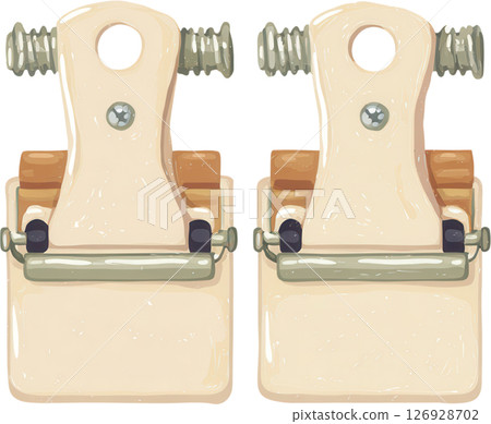 Two beige metal binder clips with screws and handles, used for holding papers together in office or school setting 126928702