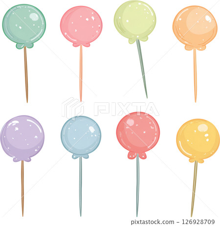 Colorful round push pins with shiny surface and wooden sticks, perfect for school board or office use, bright and cheerful design 126928709