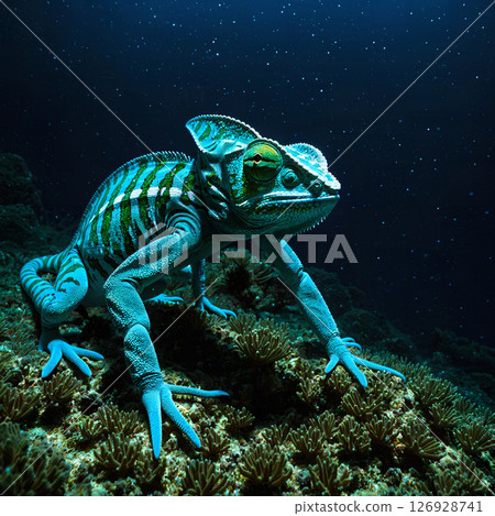 一隻發光變色龍在珊瑚上休息 一隻發光變色龍在珊瑚上休息 126928741