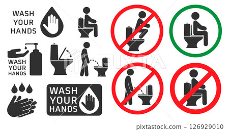 Correct way to use water closet, icon symbol. Do not squat on top on toilet. Wash your hands. WC, toilet sign. No, Prohibited, forbidden. Vector illustration image. Isolated on white background. 126929010