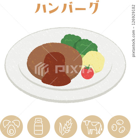 Illustration of a school lunch hamburger and allergen display icon Illustration of a school lunch hamburger and allergen display icon 126929182