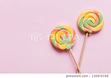 Set of colorful lollipops on colored background. Summer concept. Party Happy Birthday or Minimalist Concept 126929199