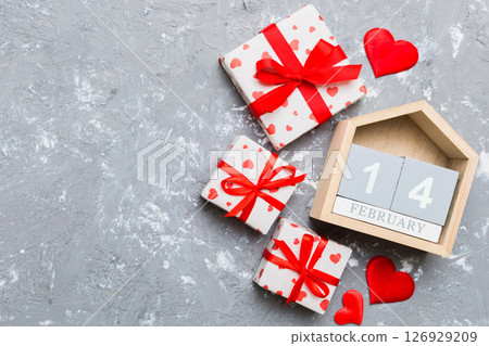 Valentine Day theme with wooden block calendar. Greeting card template for Valentines Day copy space for text Valentine Day theme with wooden block calendar. Greeting card template for Valentines Day copy space for text 126929209