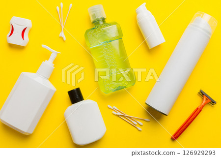 Mockup for bathing products top view flat lay, spa razor, toothpaste, soap, gel and other various accessories. Cosmetics for skin health. Bath Mockup for your logo Mockup for bathing products top view flat lay, spa razor, toothpaste, soap, gel and other various accessories. Cosmetics for skin health. Bath Mockup for your logo 126929293