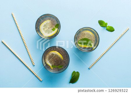 Healthy breakfast or morning with chia seeds lemon and mint on table background, vegetarian food, diet and health concept. Chia pudding with lemon and mint 126929322