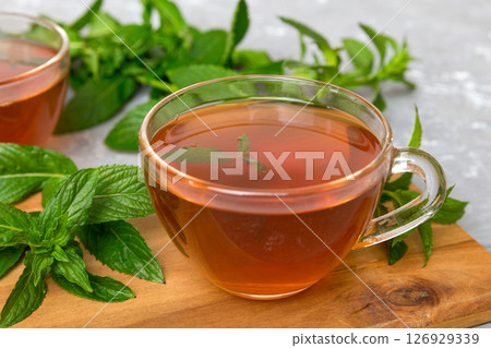 Cup of mint tea on table background. Green tea with fresh mint top view with copy space Cup of mint tea on table background. Green tea with fresh mint top view with copy space 126929339