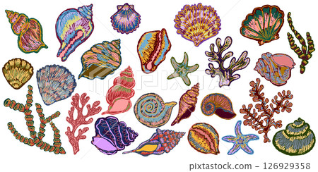 Mediterranean element, exotic tropical. Textured illustration with sketch elements hand drawn Mediterranean element, exotic tropical. Textured illustration with sketch elements hand drawn 126929358