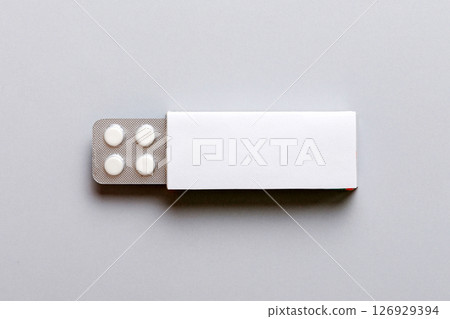 Blank White Product Package Box Mock-up. Open blank medicine drug box with blister top view Blank White Product Package Box Mock-up. Open blank medicine drug box with blister top view 126929394