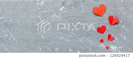 Valentine day background with red hearts, top view with copy space 126929417