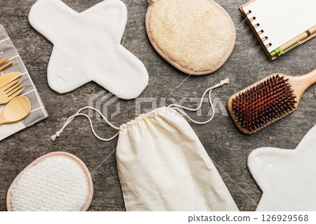 Zero waste concept. Eco-friendly home daily accessories. top view 126929568