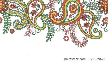 vector seamless frame, frame with oriental paisley pattern in bright red and yellow tones vector seamless frame, frame with oriental paisley pattern in bright red and yellow tones 126929623