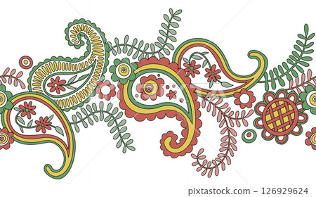 vector seamless frame, frame with oriental paisley pattern in bright red and yellow tones 126929624