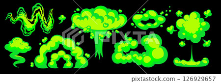 Toxic green gas cloud with cartoon fart and smoke effects. Bright comic-style smell elements for humor scenes, or game visuals 126929657