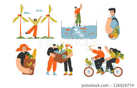 Sustainable Living Illustrations Engaging in Various EcoFriendly Activities and Lifestyles 126929774