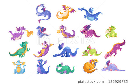 A Colorful and Diverse Collection of Fantasy Dragons, all depicted in a Pixel Art Style 126929785