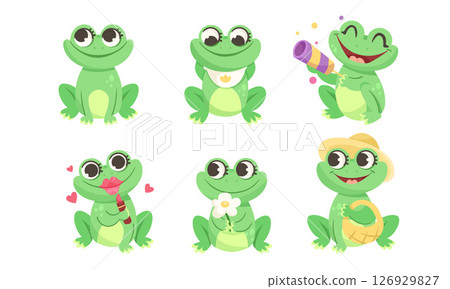 Cheerful Cartoon Frogs Featuring Fun and Vibrant Expressions in a Variety of Bright Colors 126929827