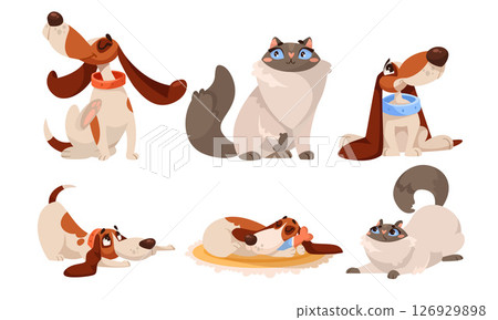 Adorable and charming cute pixel art pets showcasing playful poses of dogs and cats 126929898